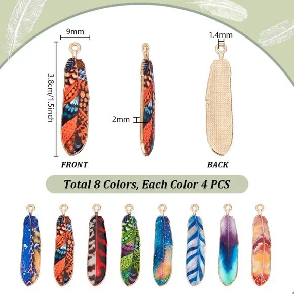 32Pcs Feather Charms, 8 Colors 1.5 inch Enamel Feather Pendants Native American - Picture 2 of 5